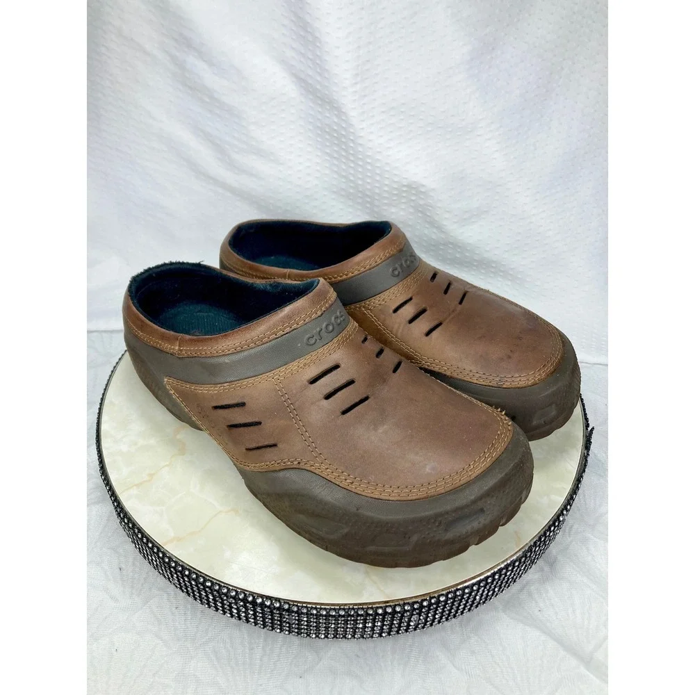 Crocs Leather Yukon Sport Clog Men 13 Brown Comfort Rugged Slip On Outdoor Mules